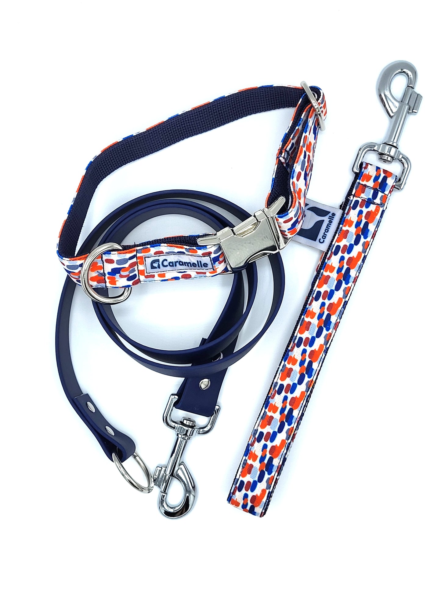 Anse stylé pour petit et grand chien bleu, blanc et rouge made in france de french caramelle collection tacheté France