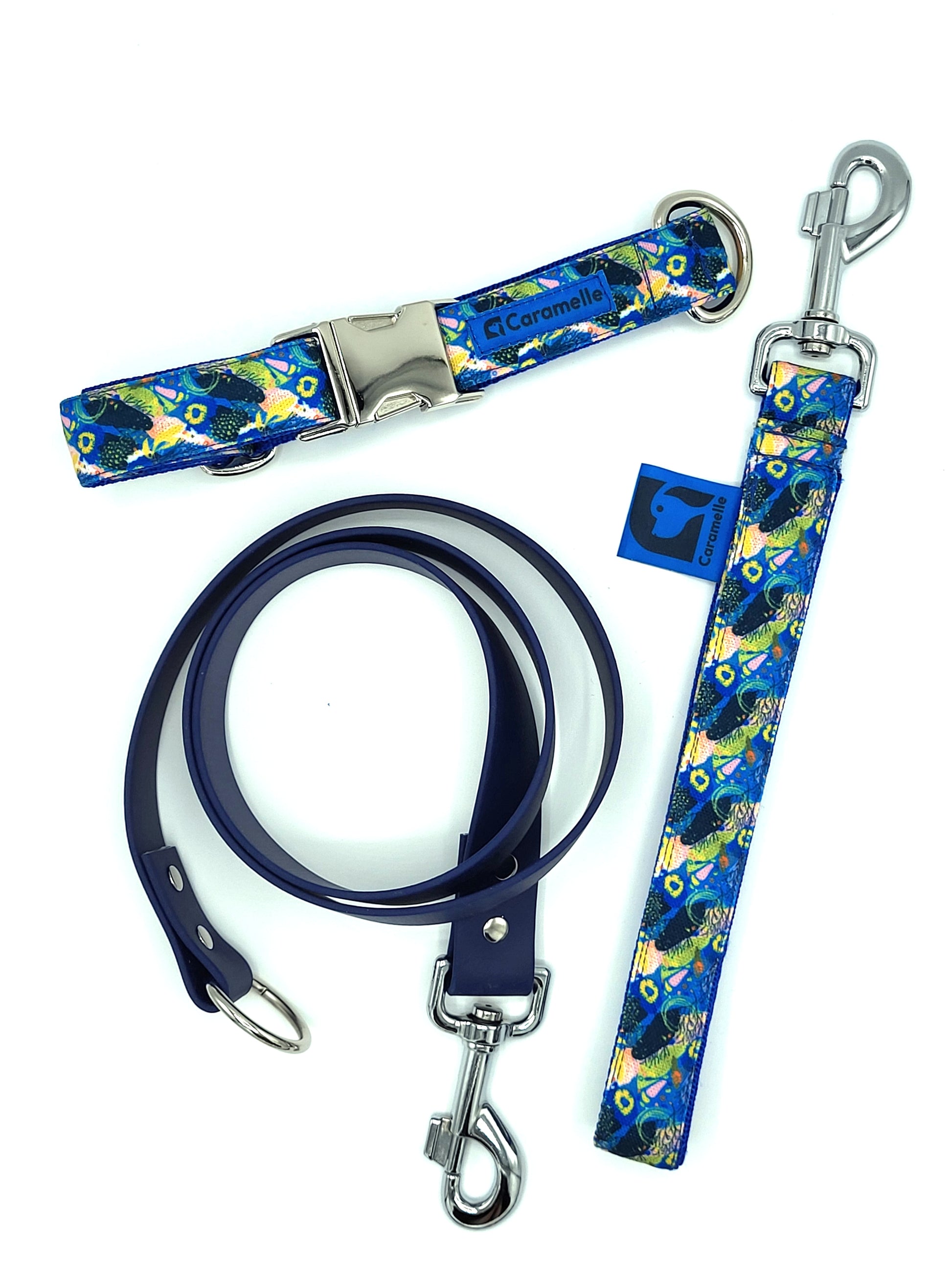 Anse stylé pour petit et grand chien bleu, vert et jaune de french caramelle collection coeur bleu