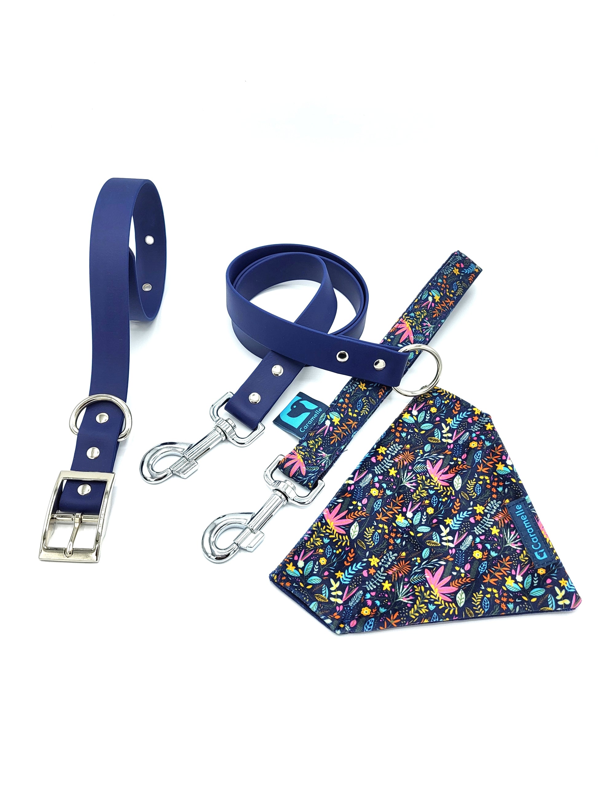 Anse stylé pour petit et grand chien bleu marine, violet et bleu foncé de french caramelle collection flowerette marine