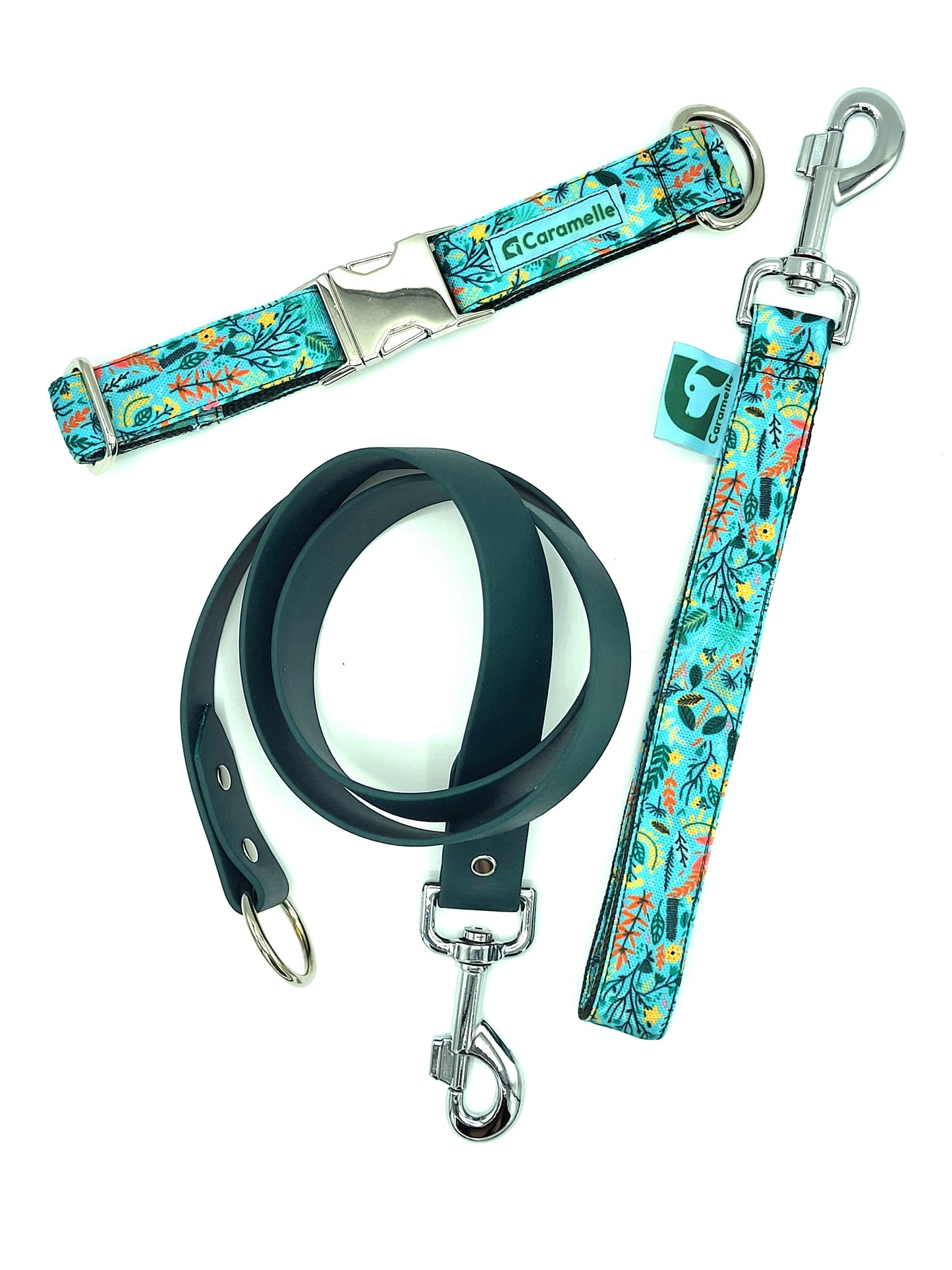 Anse stylé pour petit et grand chien vert, turquoise et rose de french caramelle collection flowerette menthe