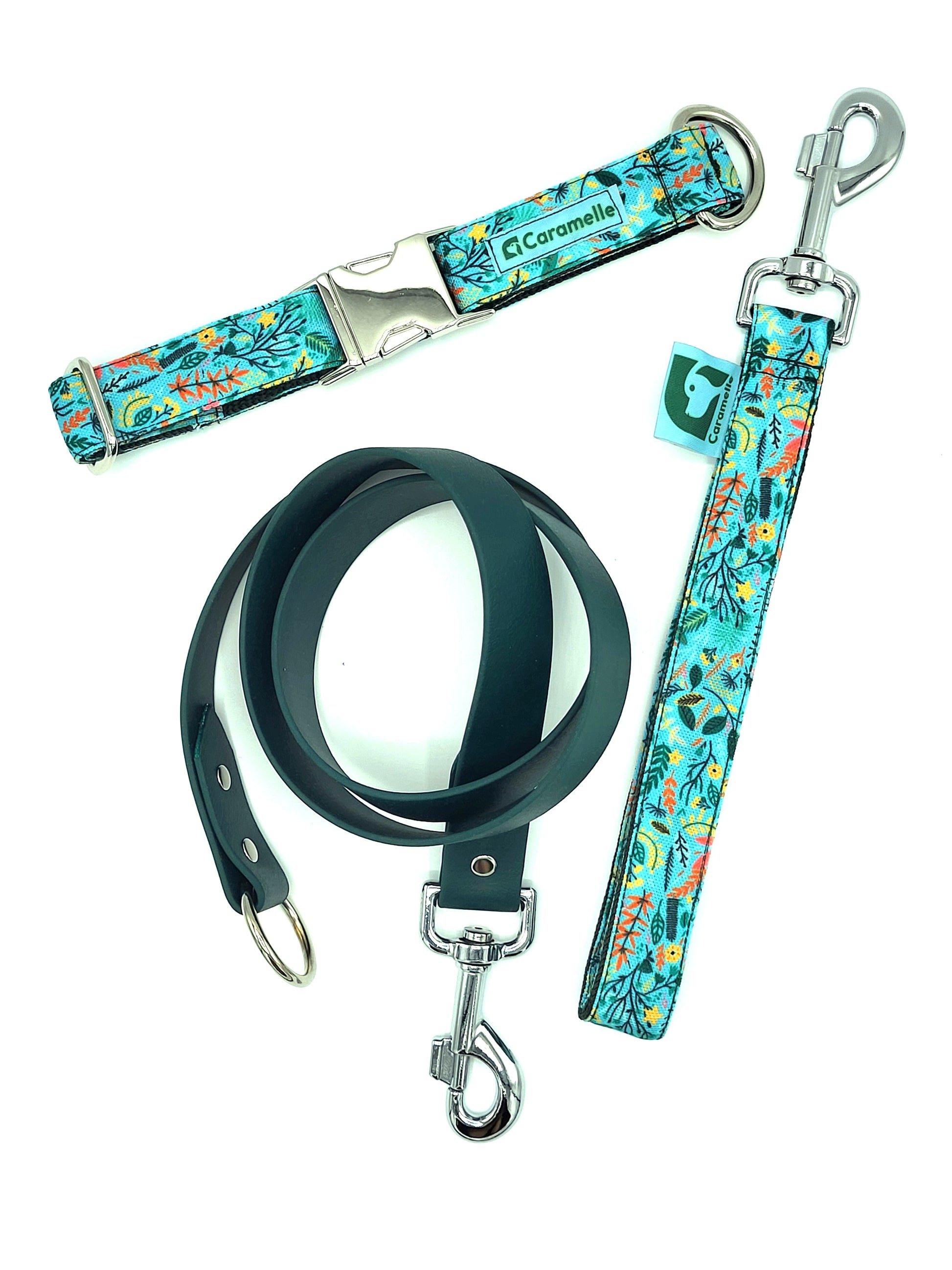 Anse stylé pour petit et grand chien vert, turquoise et rose de french caramelle collection flowerette menthe