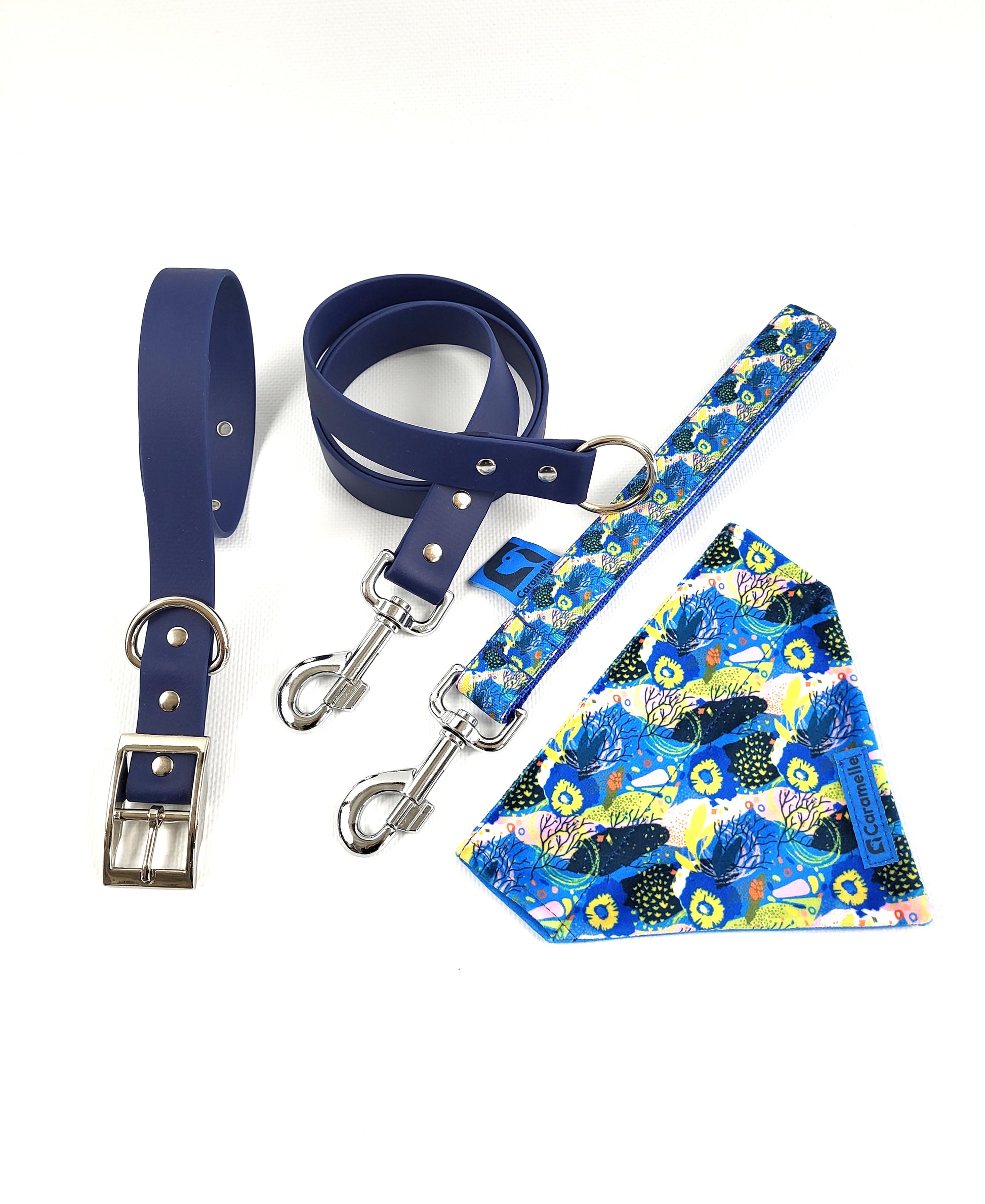 Collier, laisse, anse et bandana pour petit et grand chien bleu, vert et jaune de french caramelle collection coeur bleu