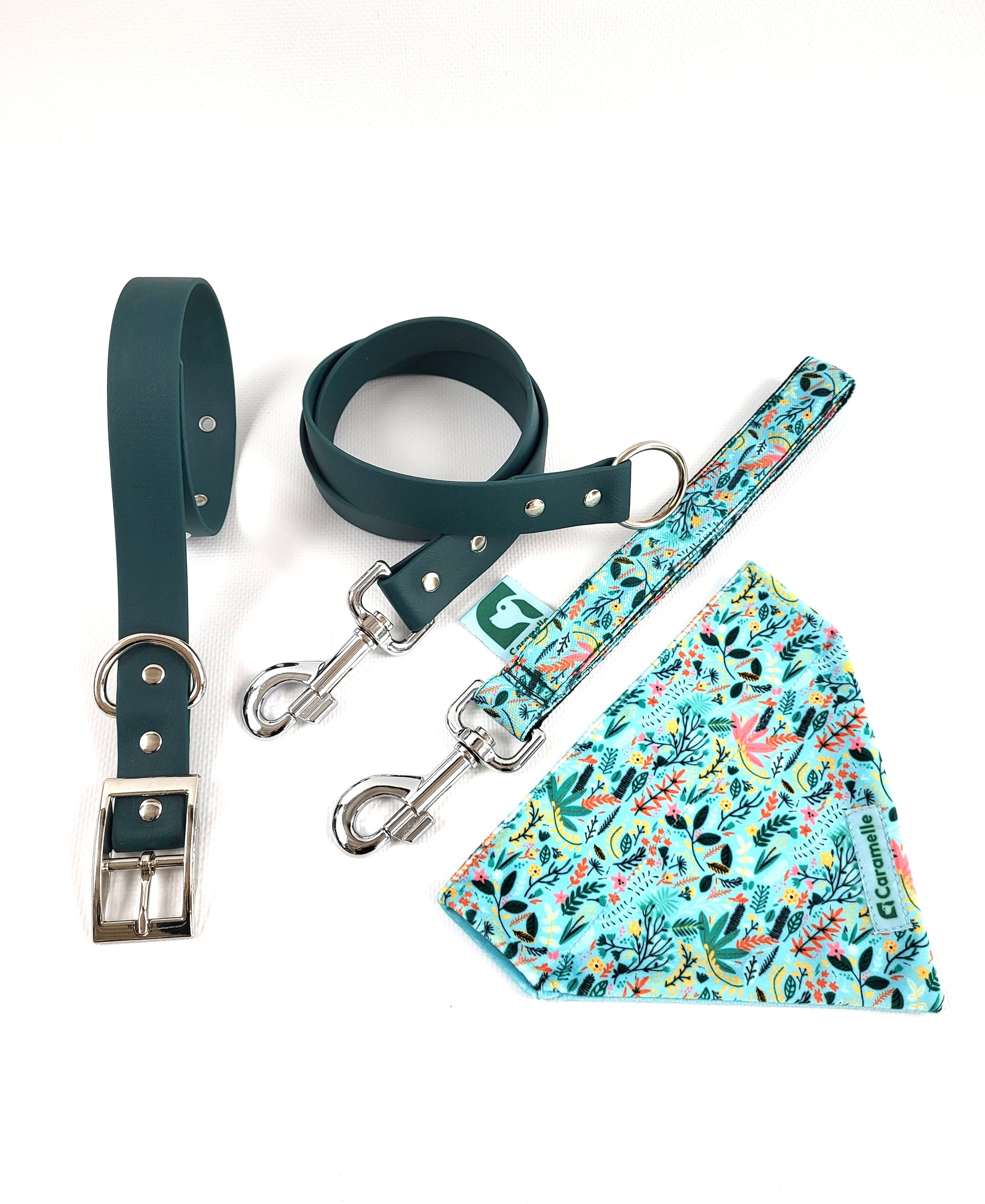 Collier, laisse, anse et bandana pour petit et grand chien bleu turquoise, vert et rose de french caramelle collection flowerette menthe