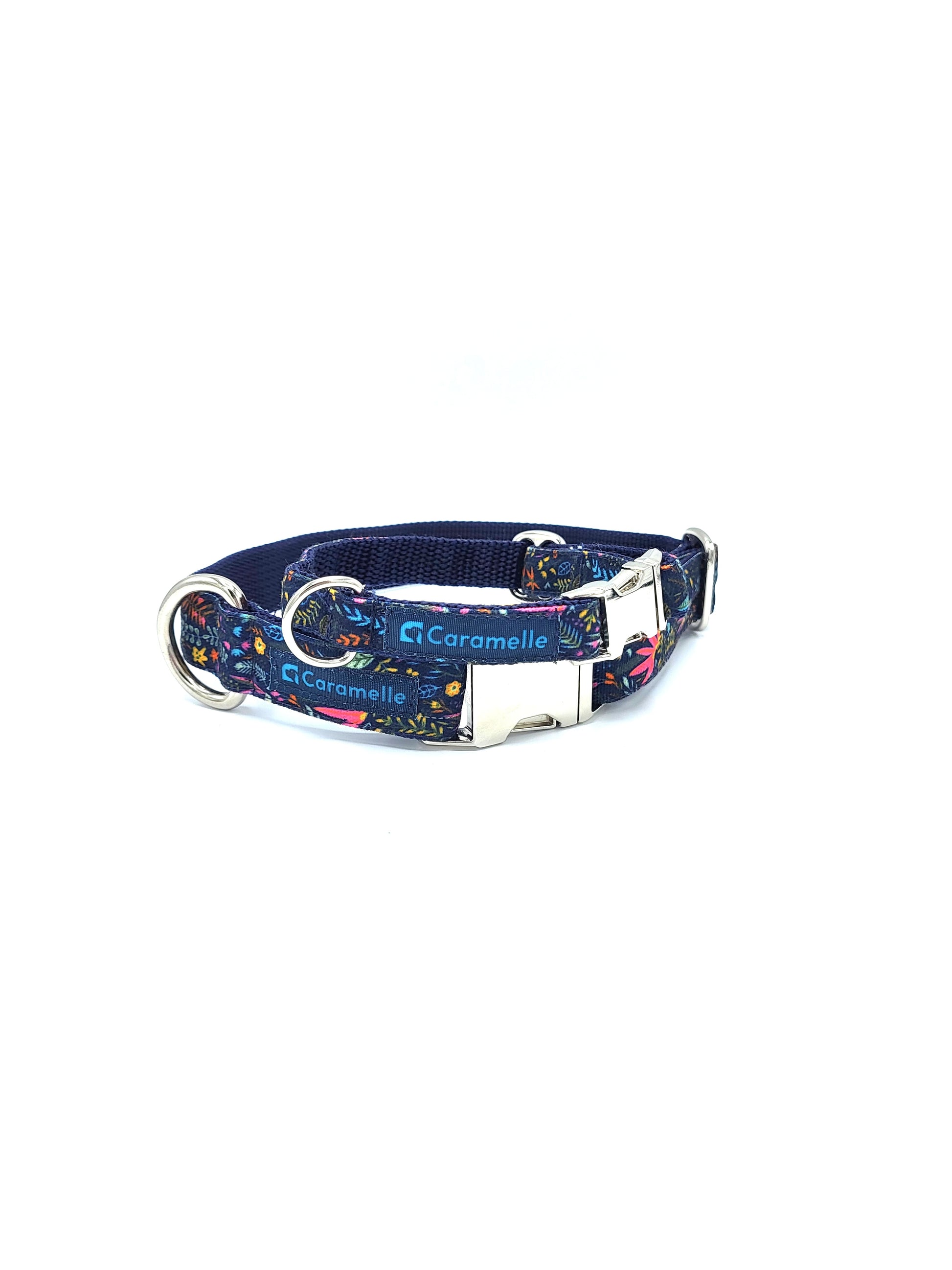 Collier stylé pour petit et grand chien réglable bleu, rose et jaune de french caramelle collection flowerette marine