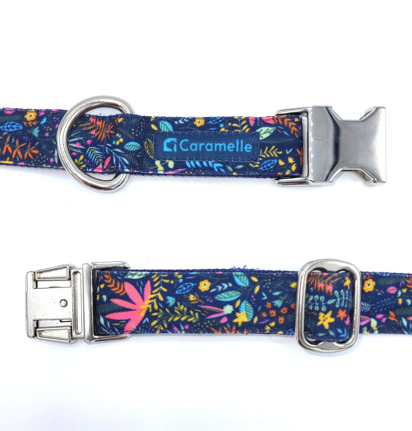 Collier stylé pour petit et grand chien réglable bleu, rose et jaune de french caramelle collection flowerette marine