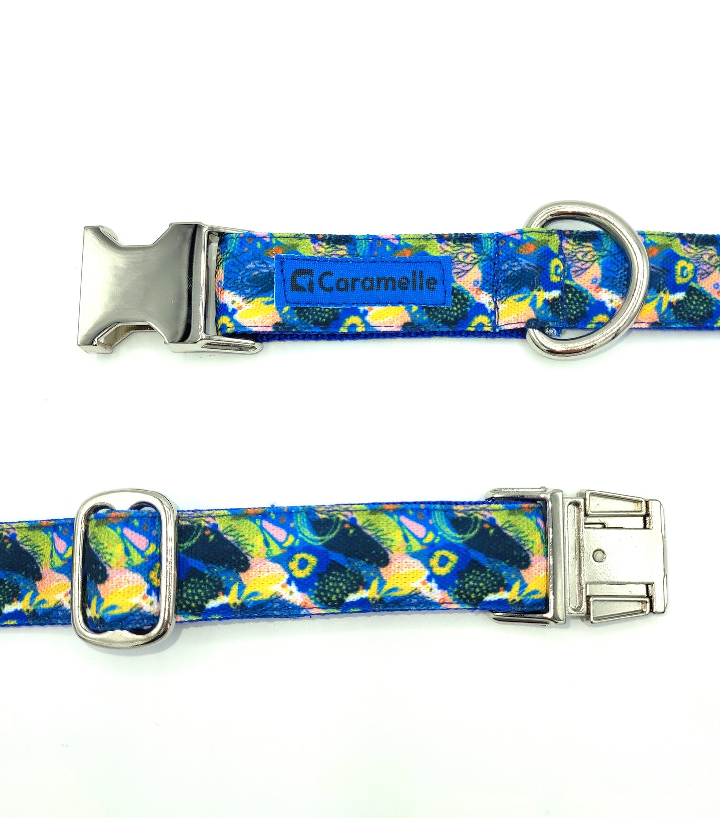 Collier stylé pour petit et grand chien réglable bleu, vert et jaune  de french caramelle collection coeur bleu