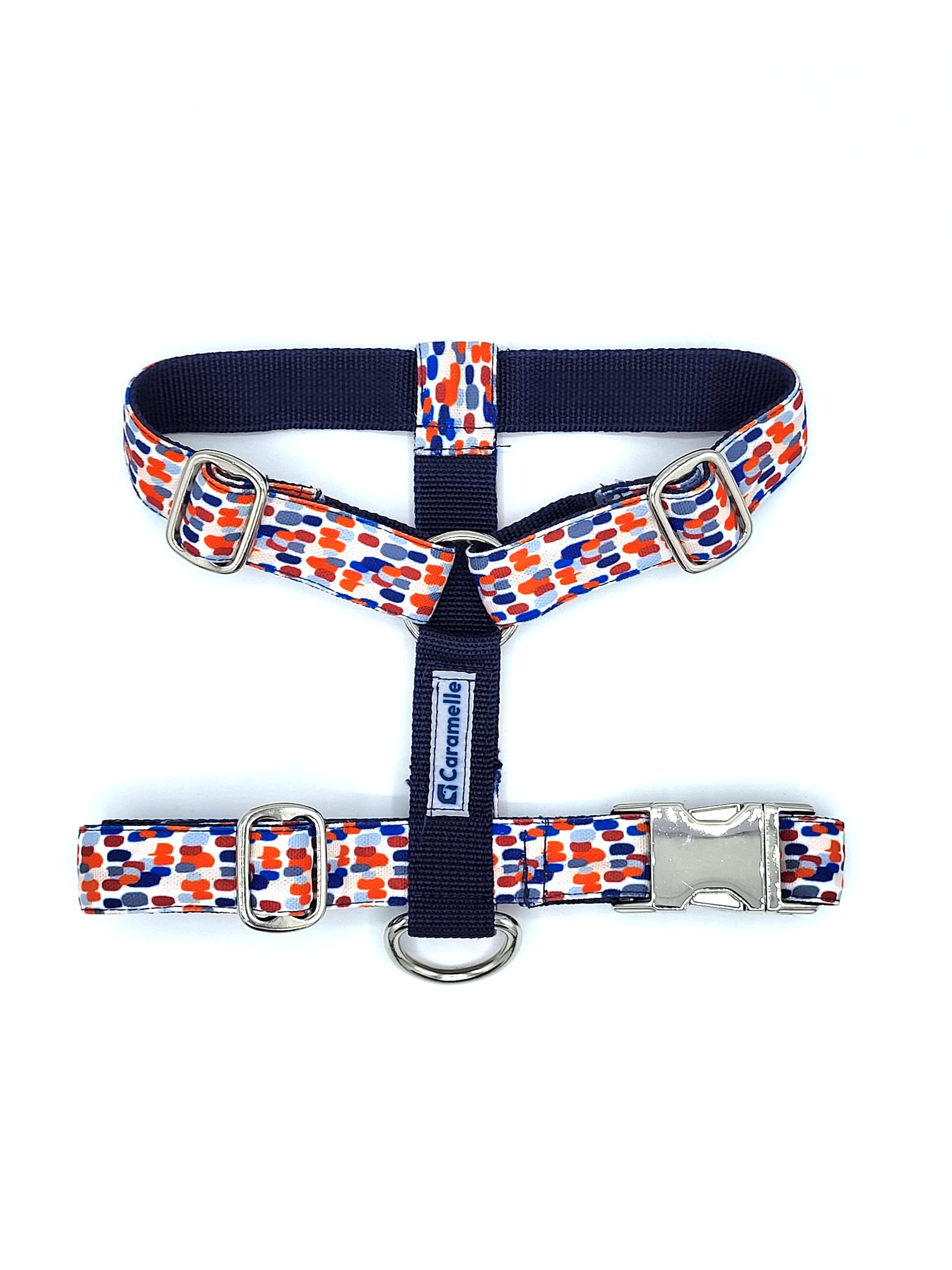 Harnais stylé pour petit et grand chien réglable bleu, blanc et rouge made in France de french caramelle collectiotion tacheté France