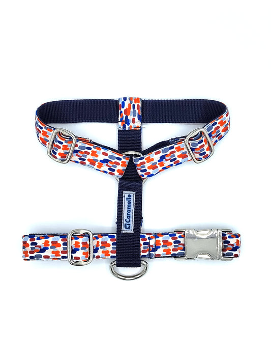 Harnais stylé pour petit et grand chien réglable bleu, blanc et rouge made in France de french caramelle collectiotion tacheté France
