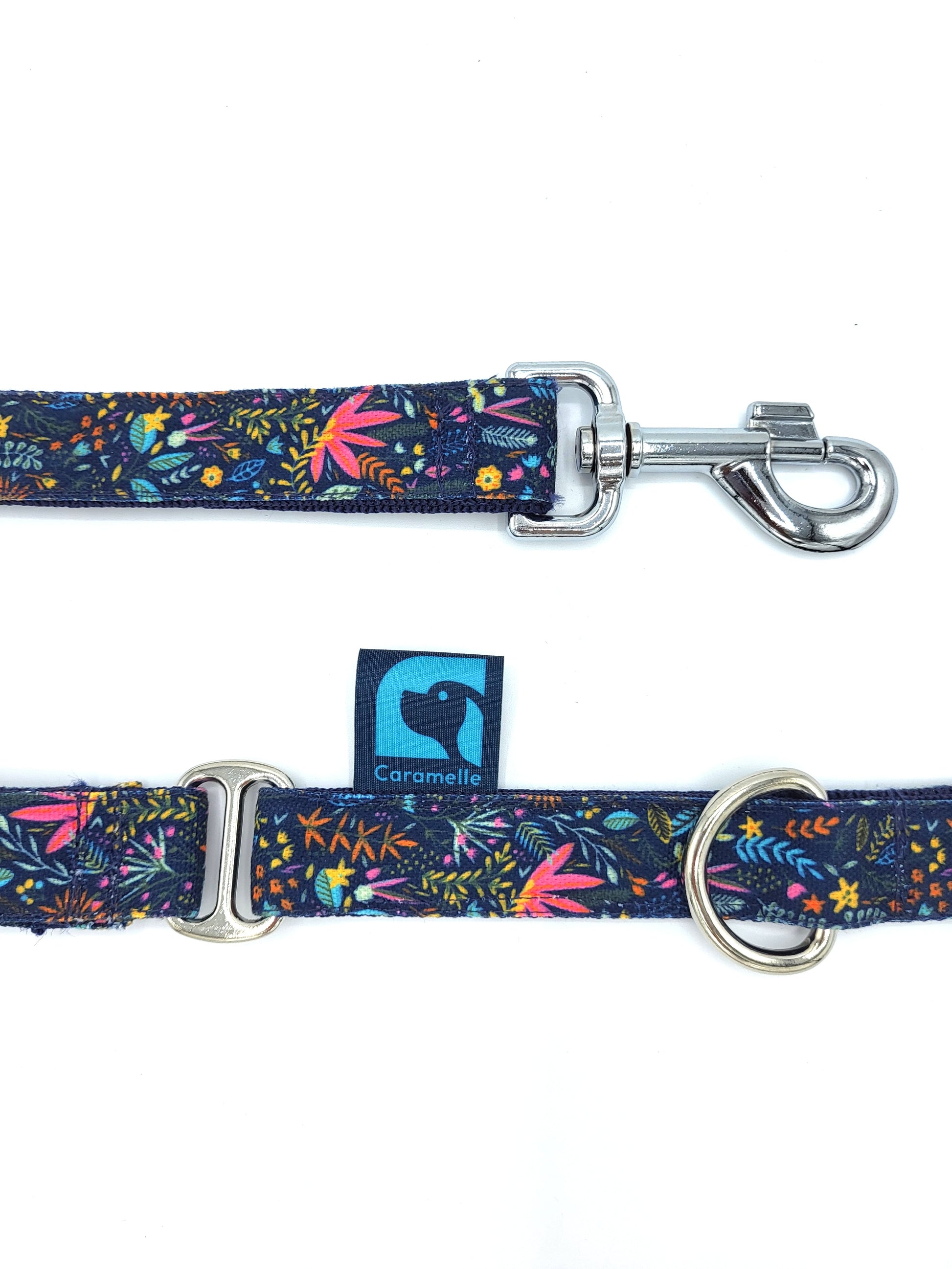 Laisse stylé petit et grand chien bleu, violet et rose de french caramelle collection flowerette marine