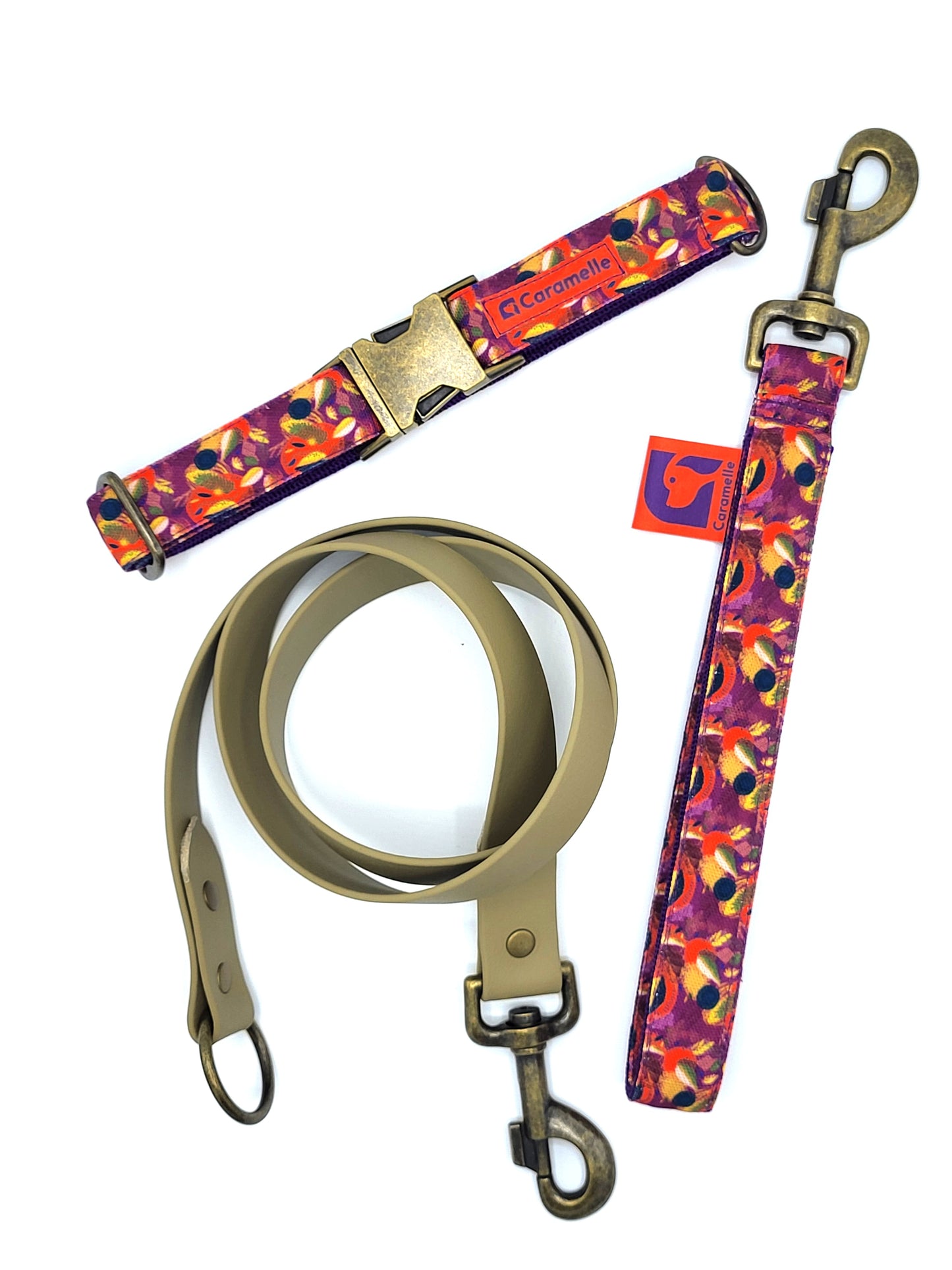 Anse stylé pour petit et grand chien orange, violet et beige french caramelle collection verdoyant-violet