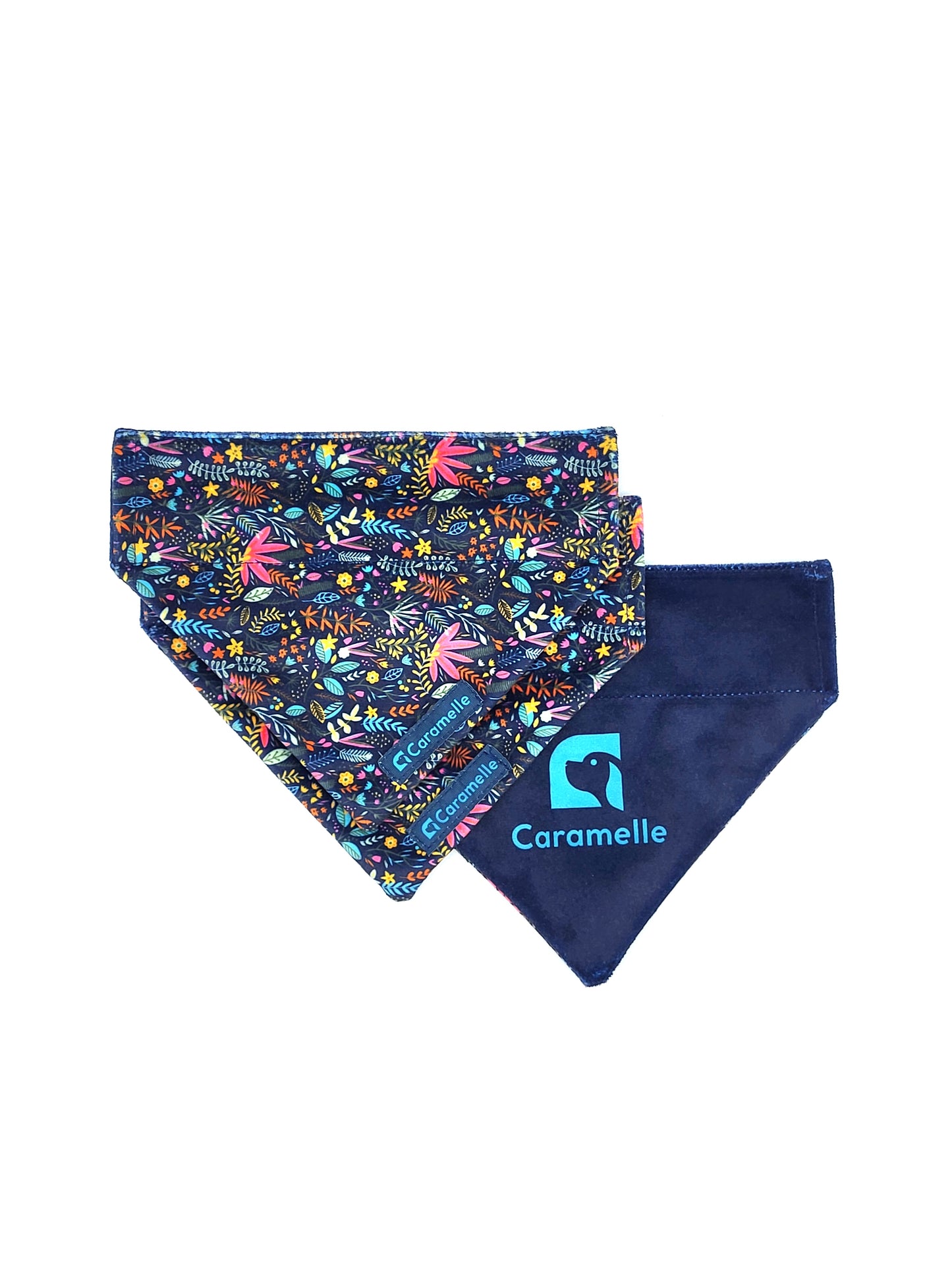 Bandana stylé pour petit et grand chien bleu marine, bleu et rose de french caramelle collection flowerette marine