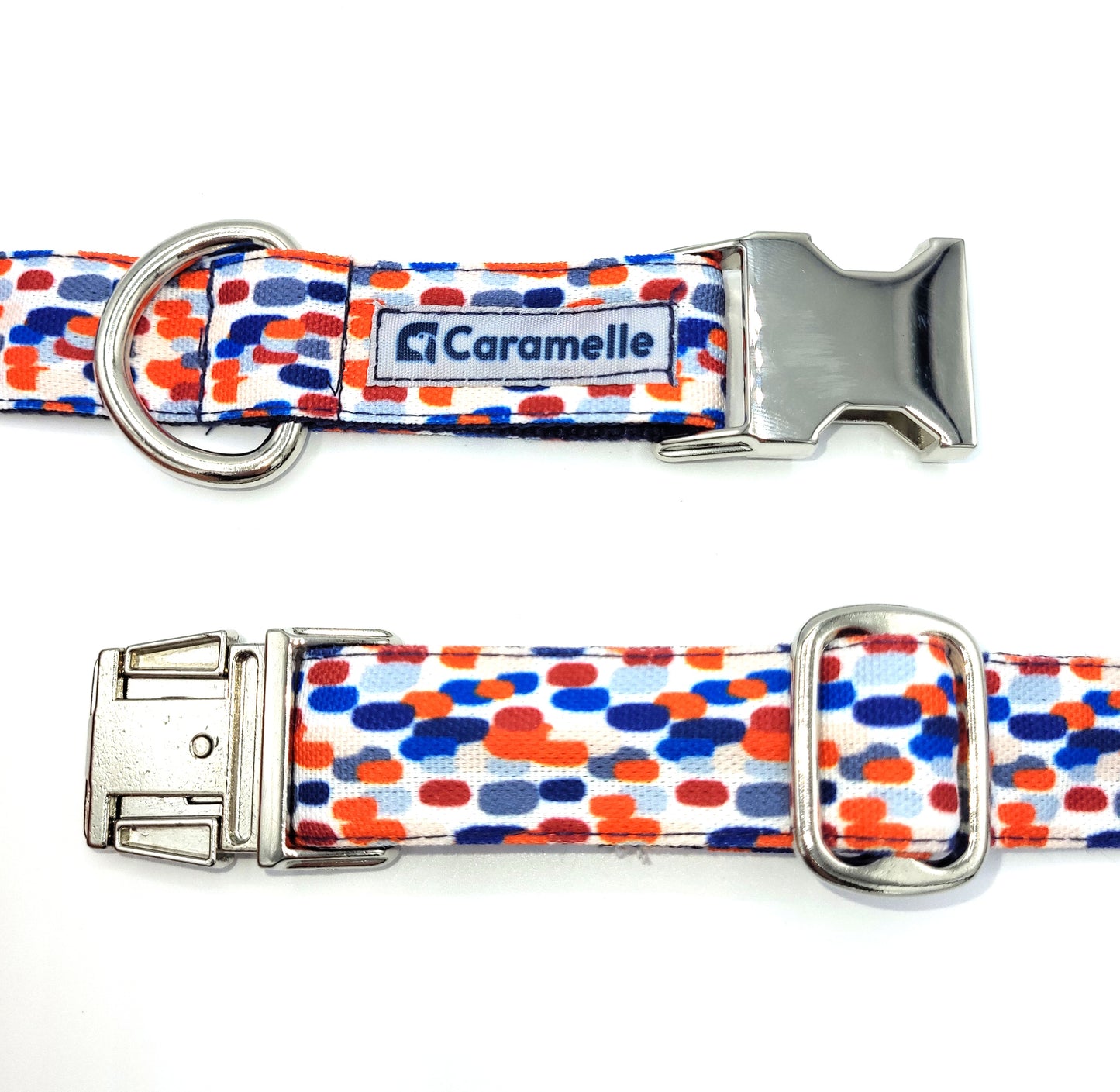 Collier stylé pour petit et grand chien réglable bleu, blanc et rouge made in france de french caramelle collection tacheté France