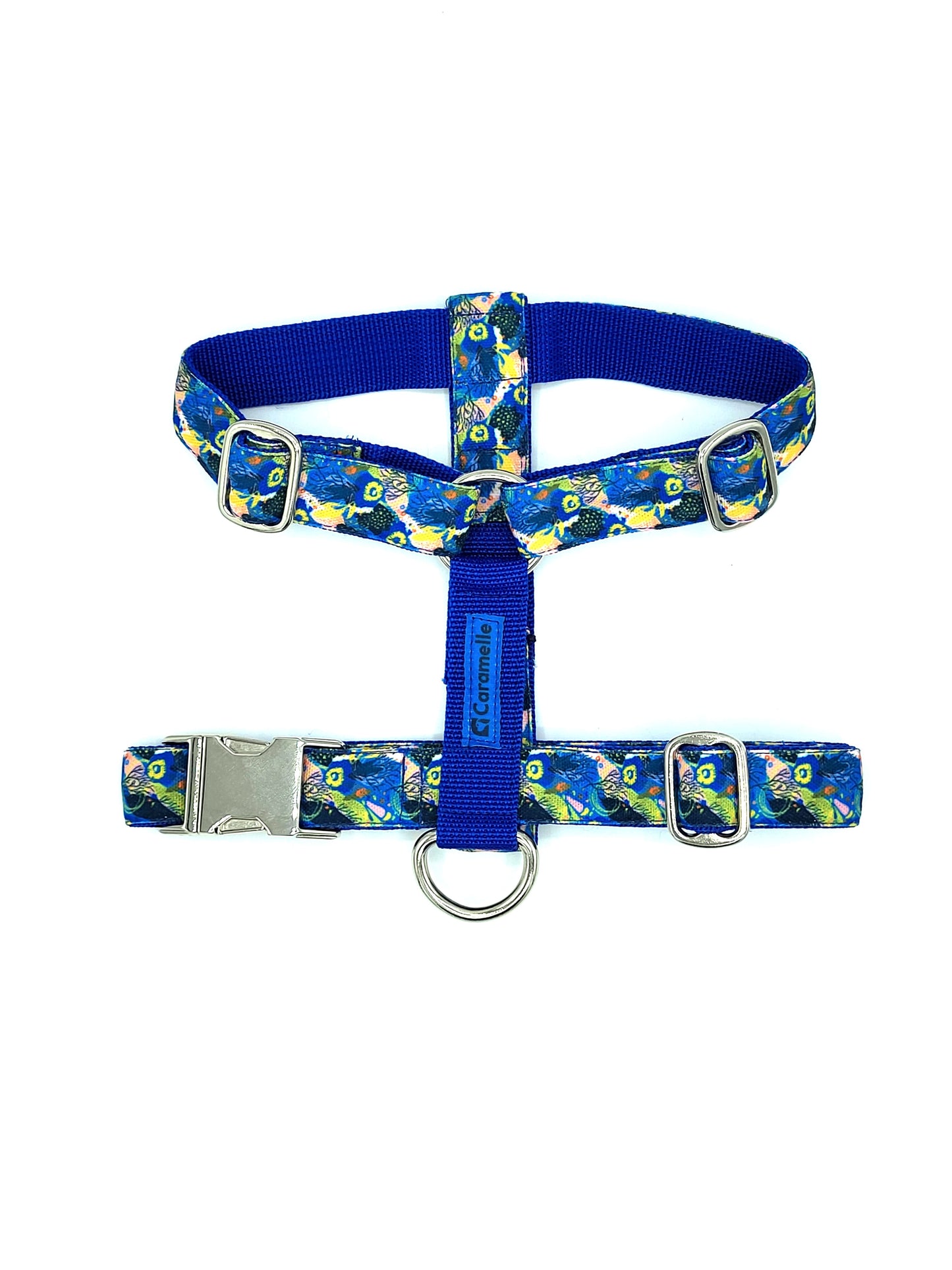 Harnais stylé pour petit et grand chien réglable bleu, vert et jaune de french caramelle collection coeur bleu