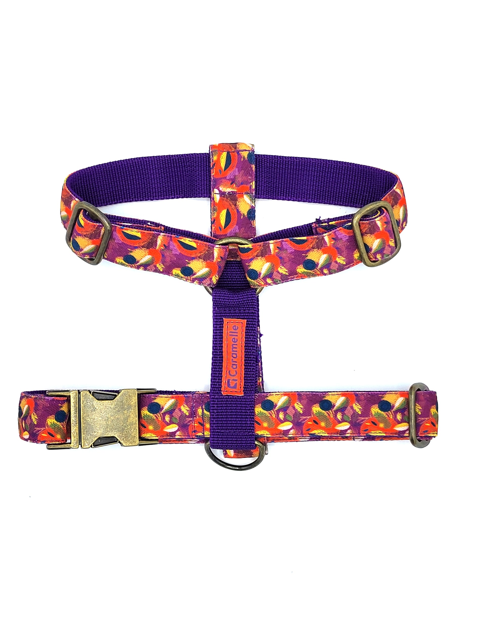 Harnais stylé pour petit et grand chien réglable orange, violet et jaune de french caramelle collection verdoyant-violet