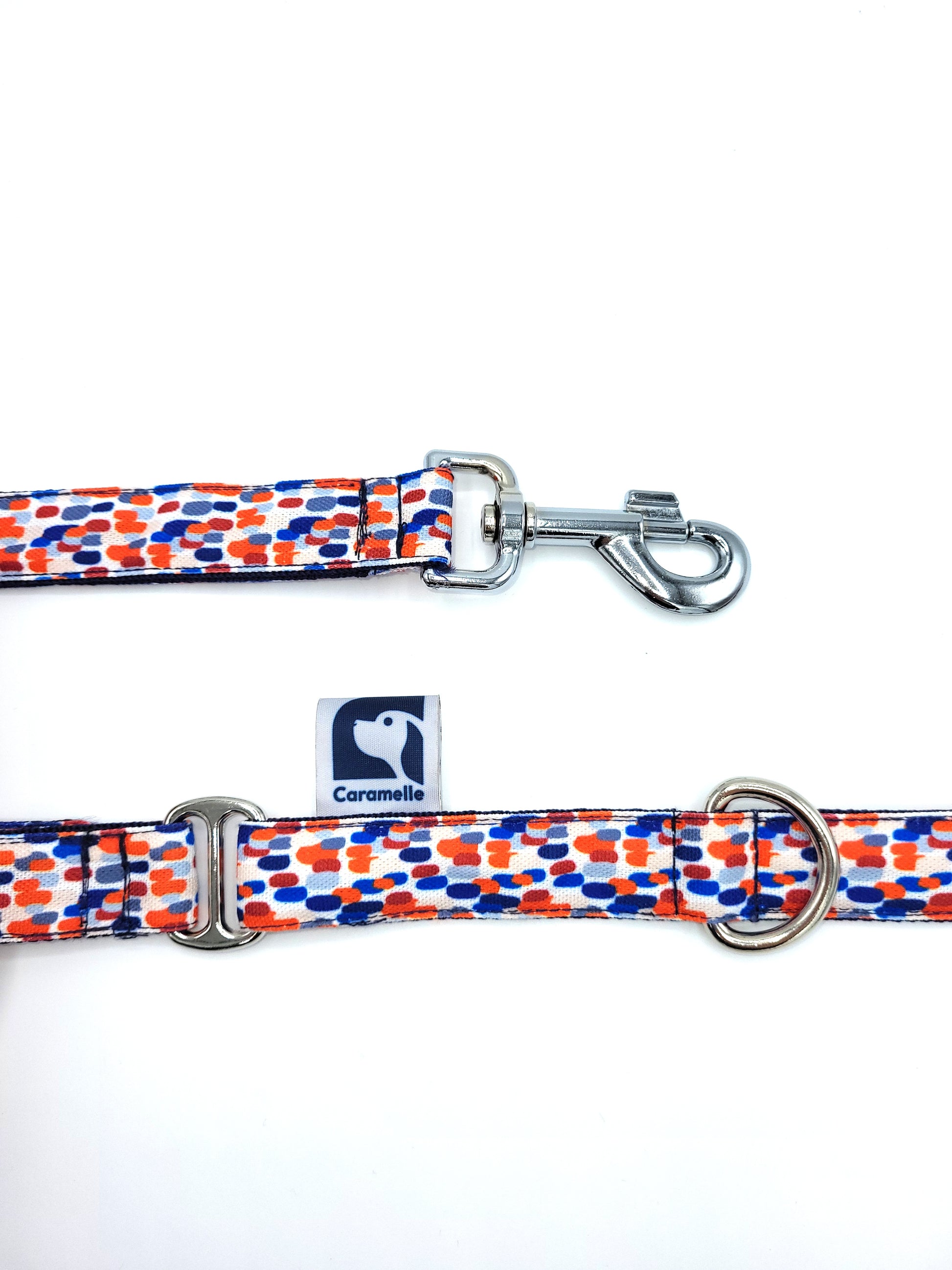 Laisse stylé petit et grand chien bleu, blanc et rouge made in france french caramelle collection tacheté France